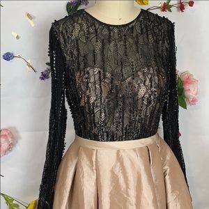 Mac Duggal illusion beaded long sleeve dress